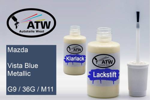 Mazda, Vista Blue Metallic, G9 / 36G / M11: 20ml Lackstift + 20ml Klarlack - Set, von ATW Autoteile West.